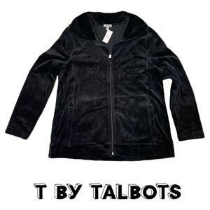 NWT T by Talbots black velour collared zip sweater jacket w/pockets siz M petite